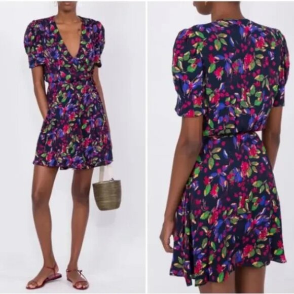 Saloni Lea Wrap Mini Dress in Carolotta Indigo Floral size 12 - Picture 2 of 4